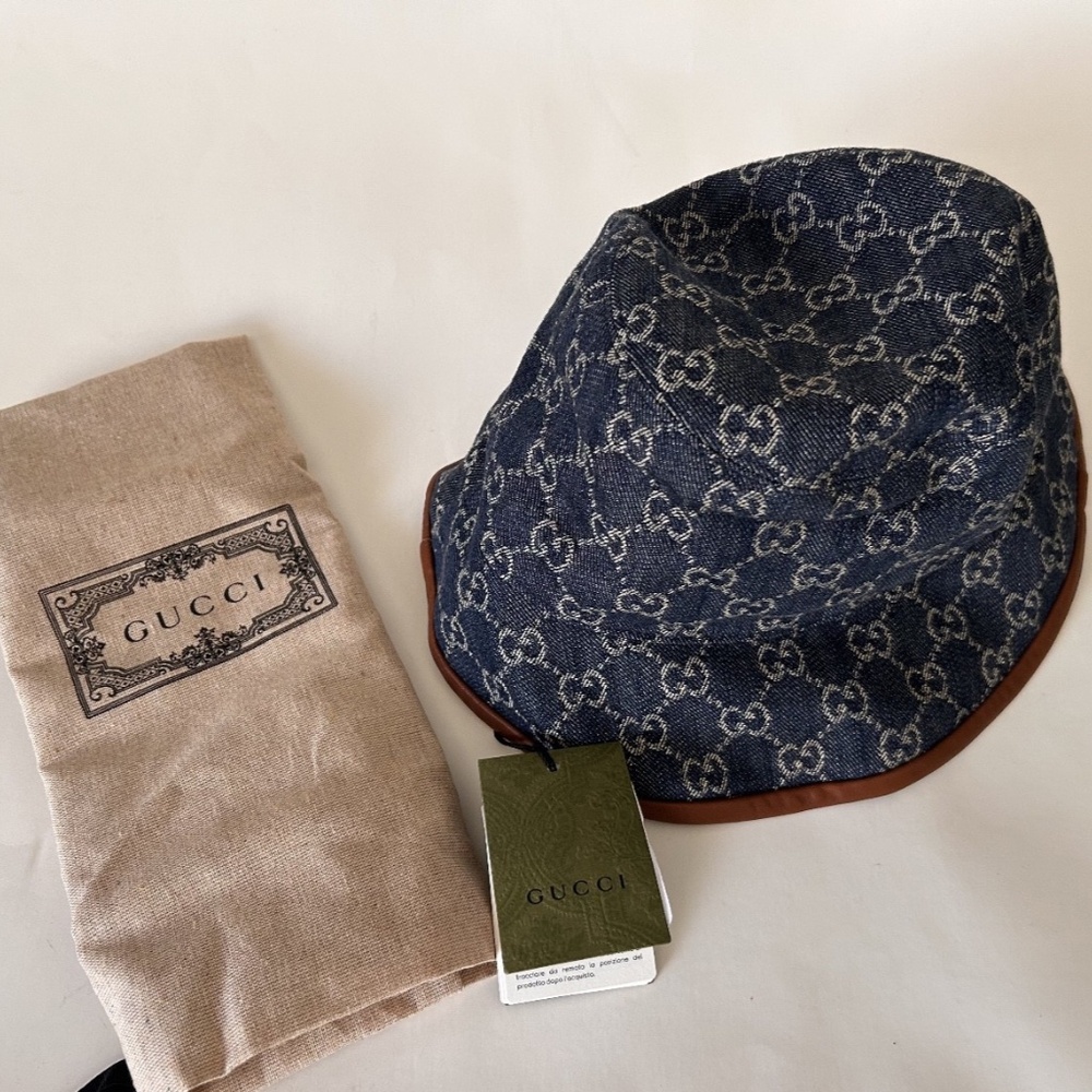 GUCCI "GG" Blue Denim Brown Leather Trim Bucket Hat Size Med 576371 UNISEX NWT - Picture 8 of 12